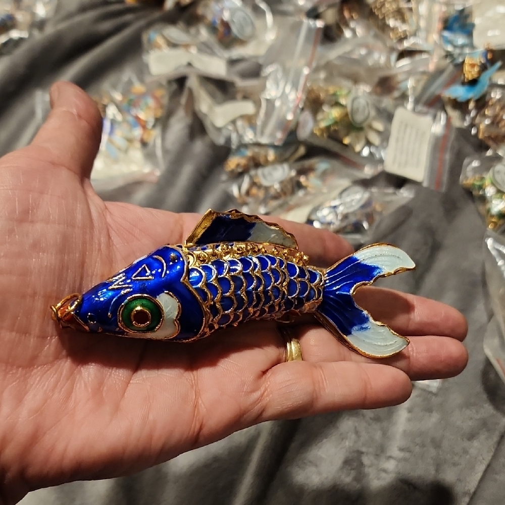 Decorative Blue Cloisonné Fish Figurine - Handheld Accent